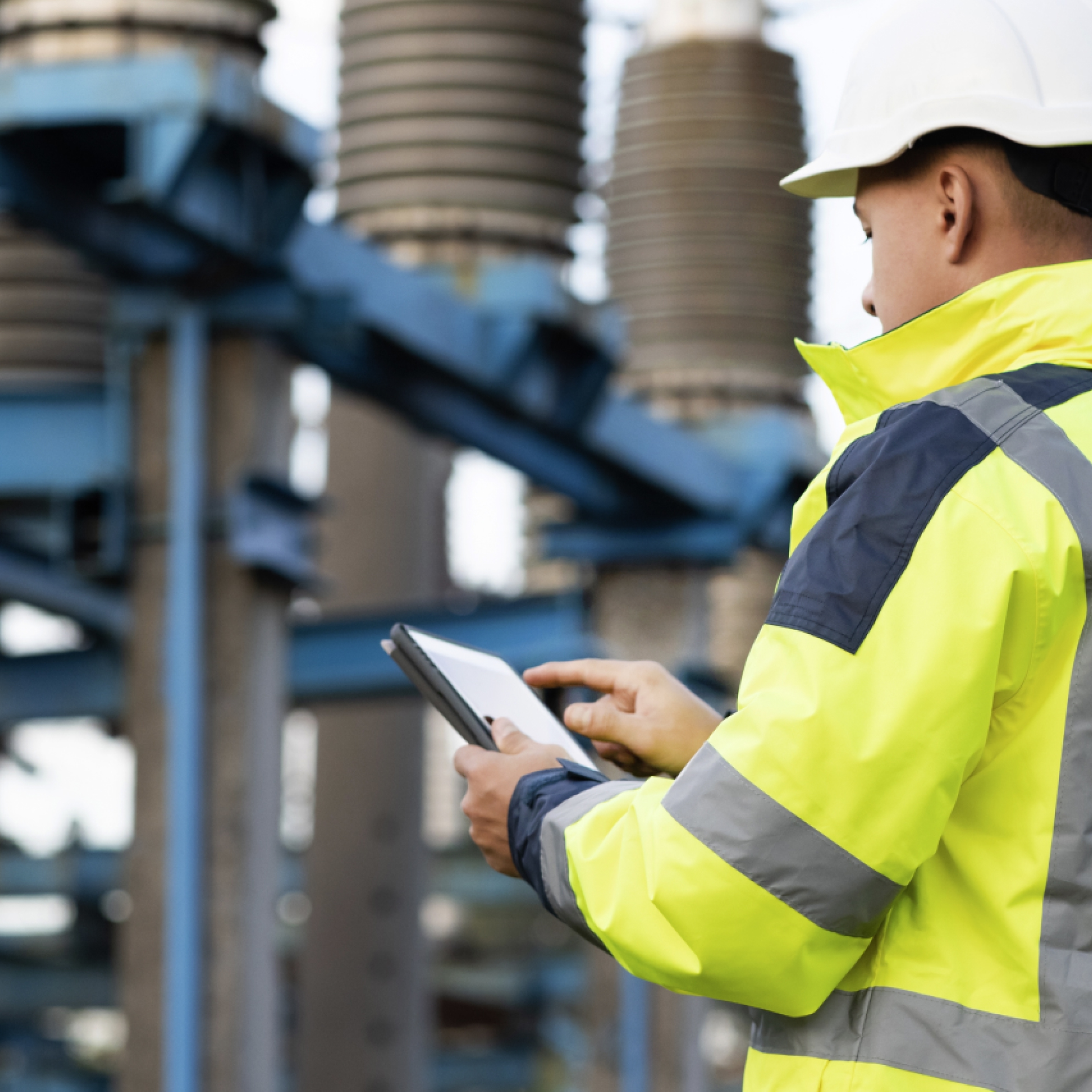 Technician inspecting electrical infrastructure using a tablet at an energy facility.
