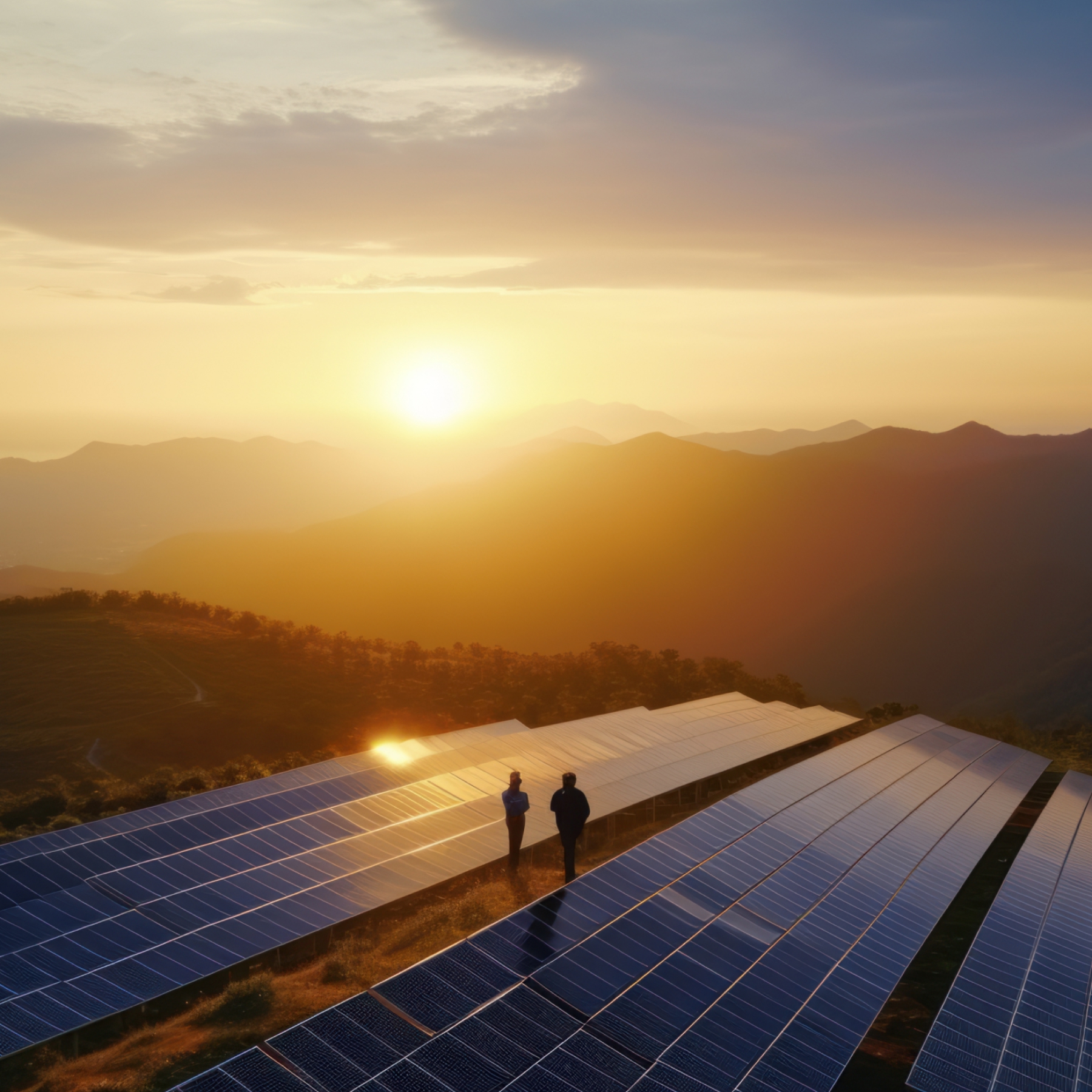 Two people standing among solar panels overlooking a mountain landscape at sunset.