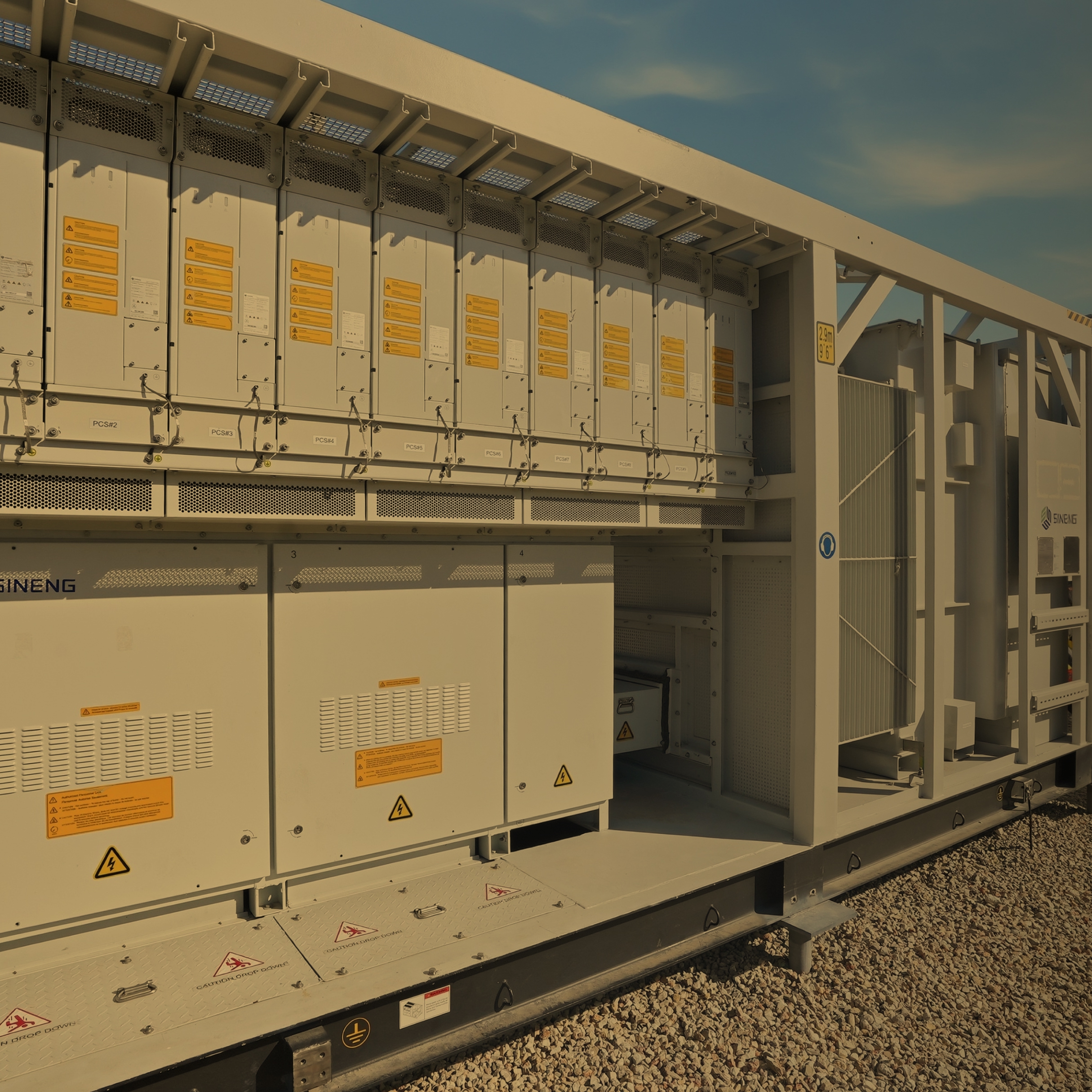 Grid-scale battery energy storage equipment at a renewable energy facility.