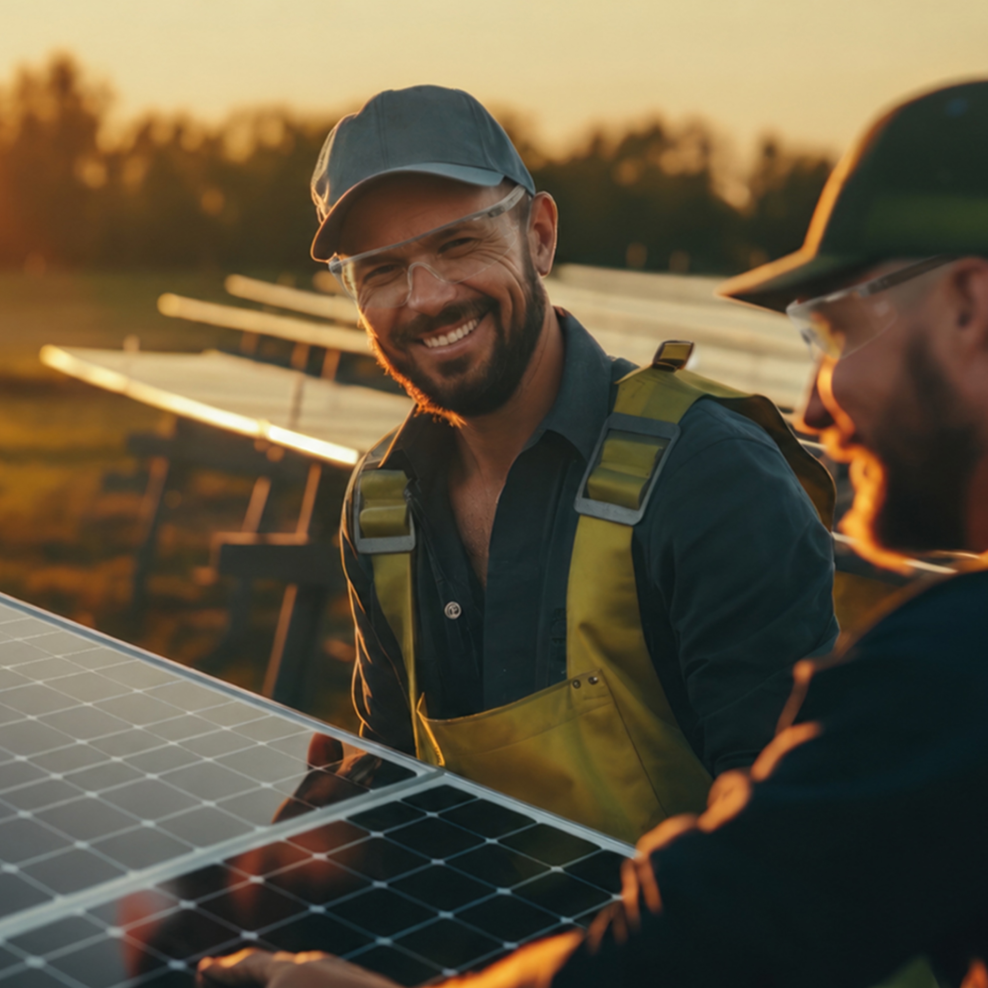 Two solar energy workers collaborating beside photovoltaic panels at sunset.